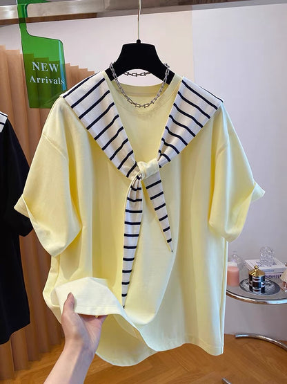 High-end hooded loose large striped shawl plus T-shirt women's short-sleeved two-piece top 2025 summer new style