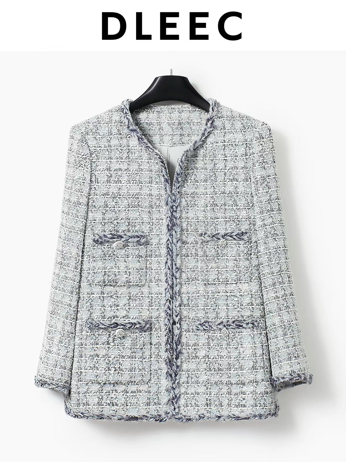 DLEEC Sophisticated Tweed Jacket – Mid-length, 4-pocket design in a refined, "-esque" style; a soft, elegant, and polished piece.