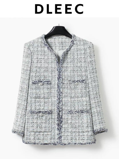 DLEEC Sophisticated Tweed Jacket – Mid-length, 4-pocket design in a refined, "-esque" style; a soft, elegant, and polished piece.