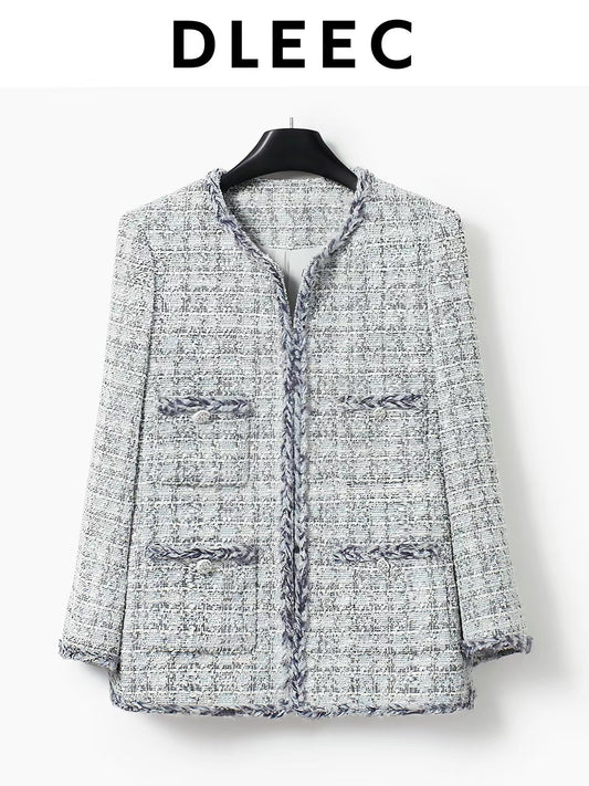 DLEEC Sophisticated Tweed Jacket – Mid-length, 4-pocket design in a refined, "-esque" style; a soft, elegant, and polished piece.