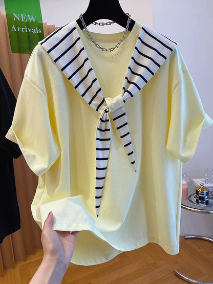 High-end hooded loose large striped shawl plus T-shirt women's short-sleeved two-piece top 2025 summer new style