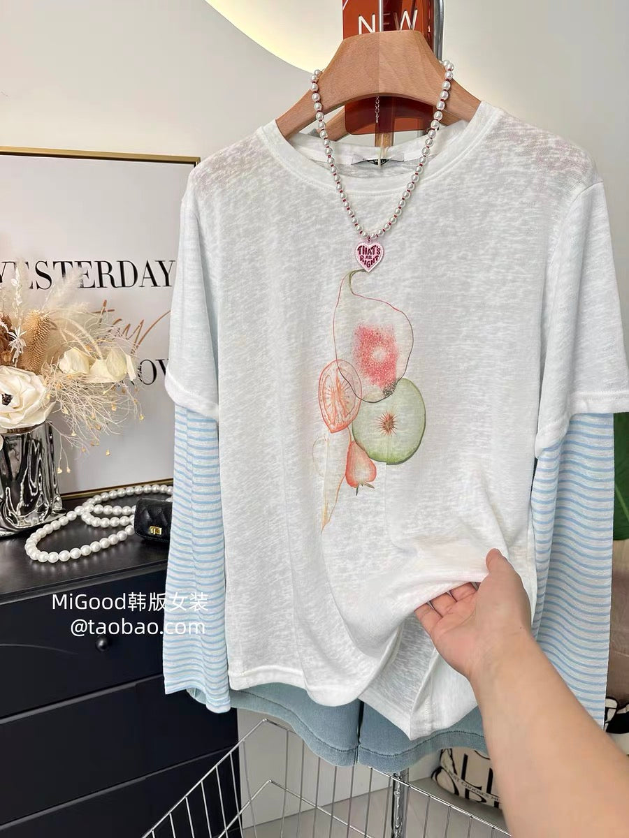 2026 Summer New Korean Style Fashionable Simple Fruit Print Striped Sleeve Faux Two-Piece Sunscreen T-Shirt for Women