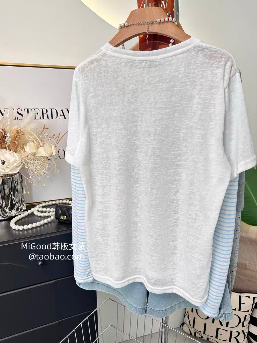 2026 Summer New Korean Style Fashionable Simple Fruit Print Striped Sleeve Faux Two-Piece Sunscreen T-Shirt for Women