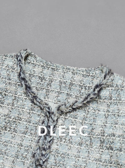 DLEEC Sophisticated Tweed Jacket – Mid-length, 4-pocket design in a refined, "-esque" style; a soft, elegant, and polished piece.