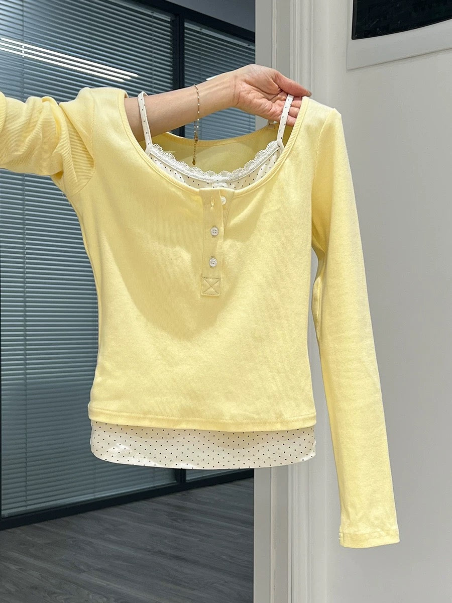 Creamy yellow fake two-piece floral long-sleeved T-shirt for women 2025 autumn style gentle and sweet inner wear petite beautiful top
