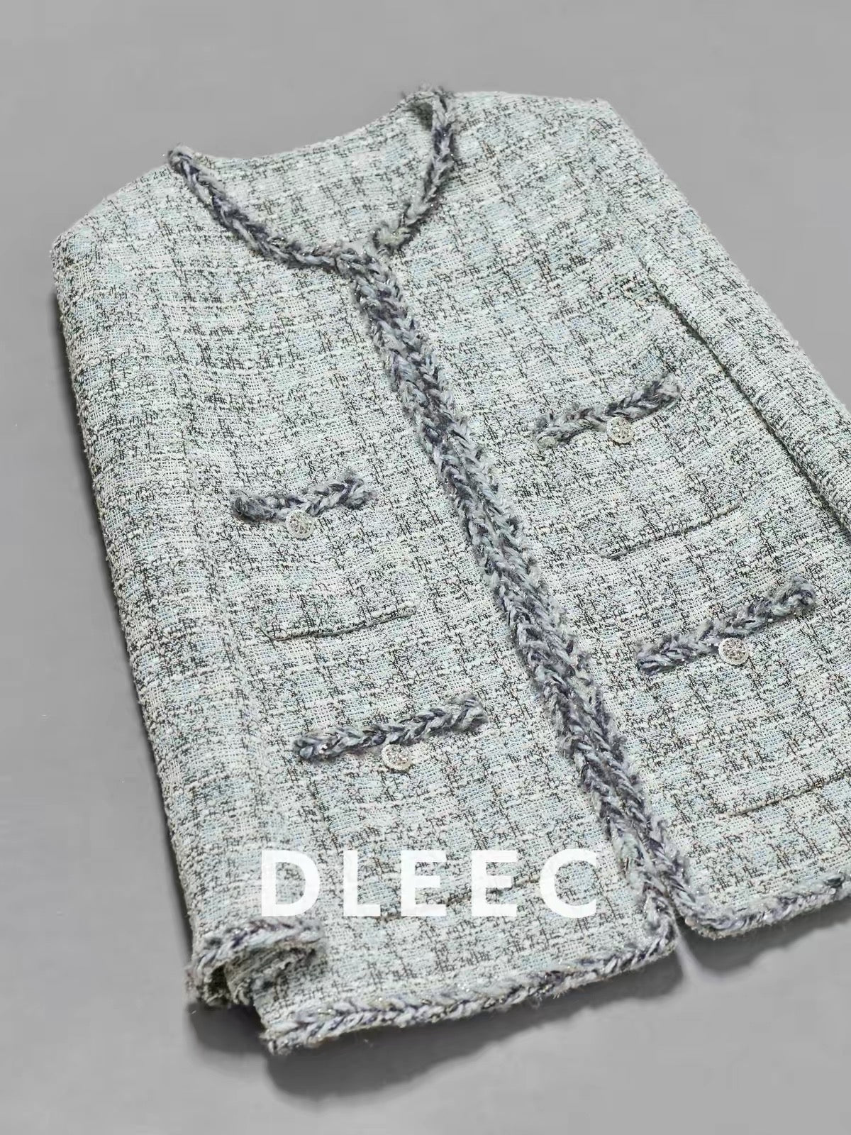 DLEEC Sophisticated Tweed Jacket – Mid-length, 4-pocket design in a refined, "-esque" style; a soft, elegant, and polished piece.