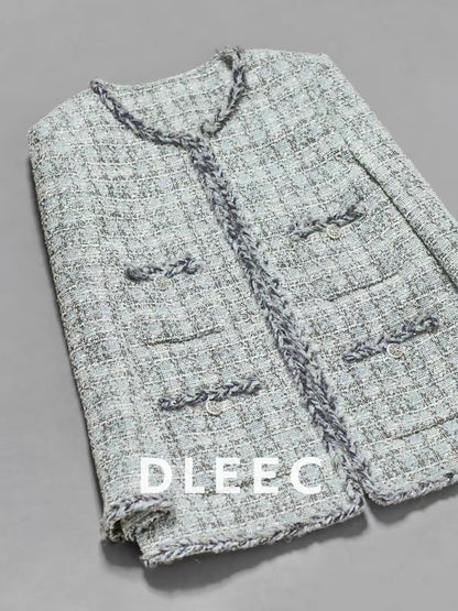 DLEEC Sophisticated Tweed Jacket – Mid-length, 4-pocket design in a refined, "-esque" style; a soft, elegant, and polished piece.