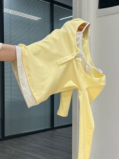 Creamy yellow fake two-piece floral long-sleeved T-shirt for women 2025 autumn style gentle and sweet inner wear petite beautiful top
