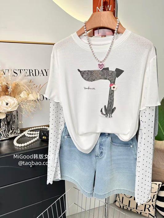 Recommended: Unique and cute floral puppy print T-shirt - Korean style polka dot sleeves, faux two-piece design, stretchy shoulders, small size, sun protection T-shirt.