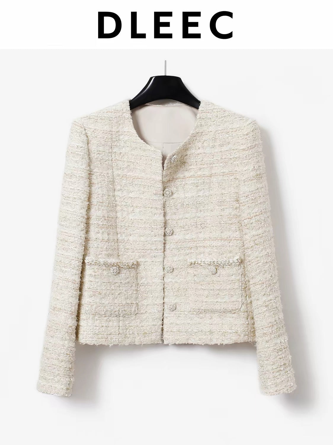 DLEEC Shimmer-Thread Tweed Jacket – A chic, stylish "l-style" piece featuring a single-breasted design; perfect for a sophisticated yet casual look.