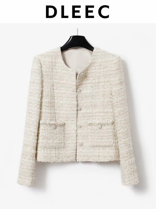 DLEEC Shimmer-Thread Tweed Jacket – A chic, stylish "l-style" piece featuring a single-breasted design; perfect for a sophisticated yet casual look.
