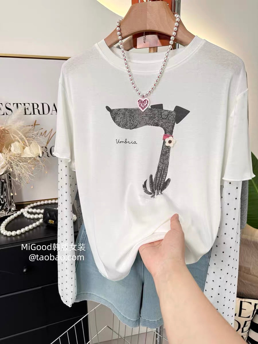 Recommended: Unique and cute floral puppy print T-shirt - Korean style polka dot sleeves, faux two-piece design, stretchy shoulders, small size, sun protection T-shirt.