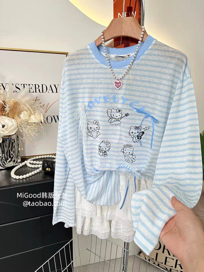 Cool and refreshing sun protection shirt for summer~ Korean style fashionable and versatile striped lyocell long-sleeved t-shirt for women, thin style