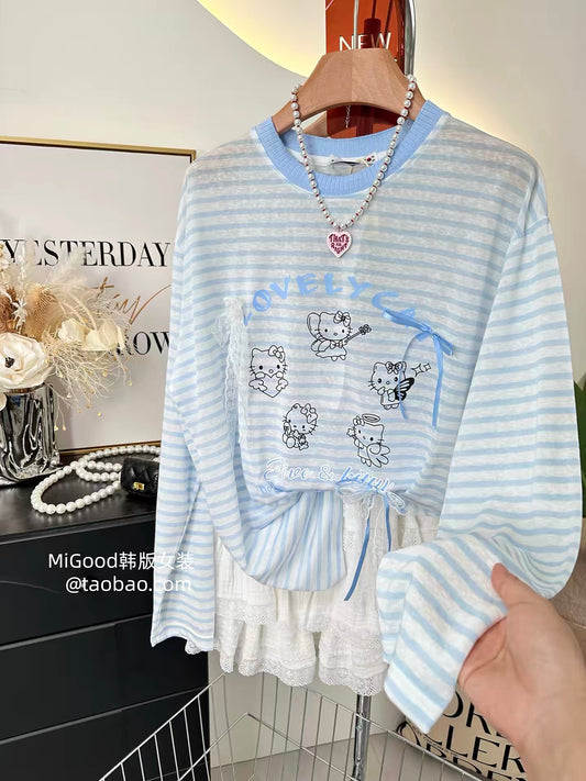 Cool and refreshing sun protection shirt for summer~ Korean style fashionable and versatile striped lyocell long-sleeved t-shirt for women, thin style