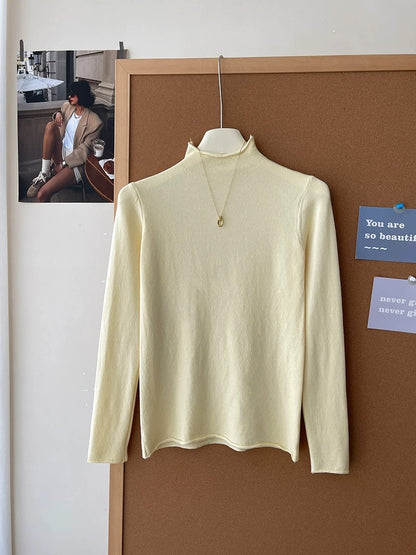 Retro soft and sticky cashmere rolled-edge turtleneck knit sweater for women, autumn and winter, gentle and versatile layering base layer top.