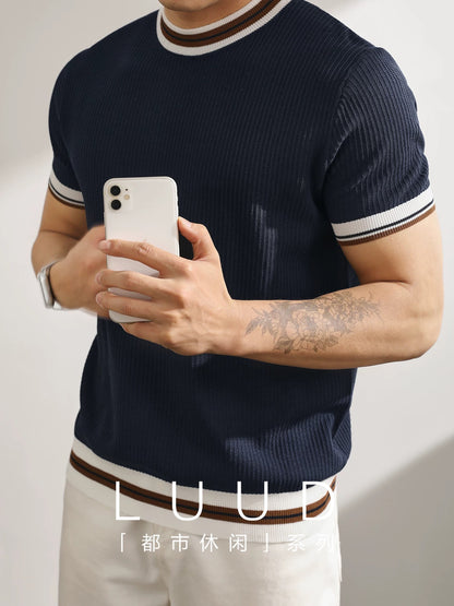 LUUD light mature style temperament Korean version short-sleeved sweater retro contrast color stripe quality cool silk trendy men's T-shirt top
