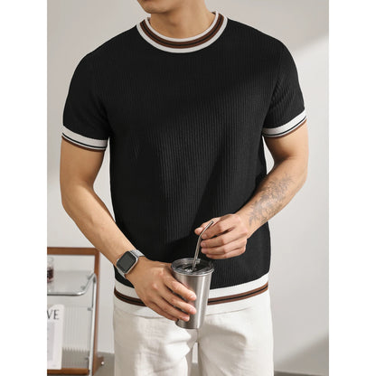 LUUD light mature style temperament Korean version short-sleeved sweater retro contrast color stripe quality cool silk trendy men's T-shirt top