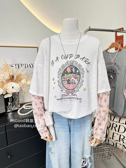 Unique and incredibly stylish faux two-piece sun protection shirt~ Korean style chic floral sleeve patchwork retro mirror cartoon loose t-shirt