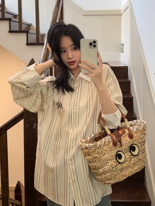 LEETWINS embroidered striped shirt women's summer loose slimming niche design thin sun protection letter top