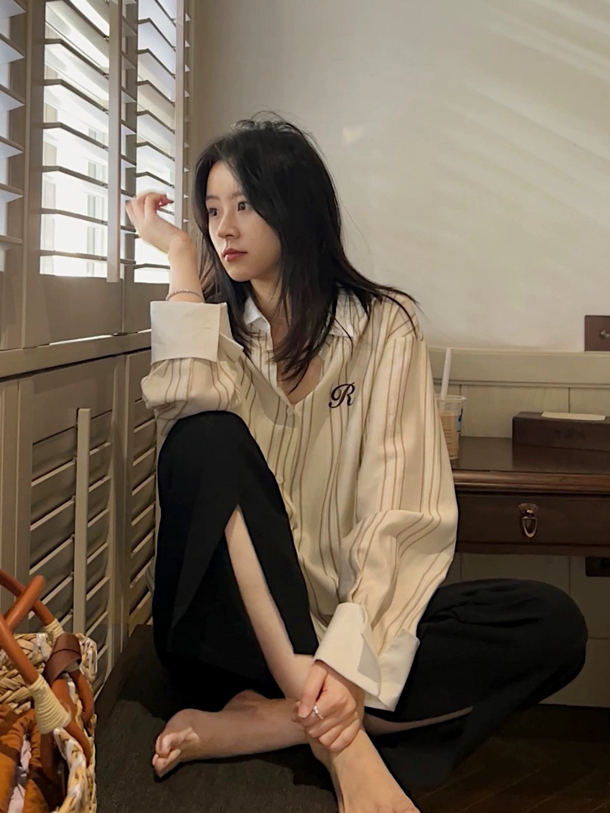 LEETWINS embroidered striped shirt women's summer loose slimming niche design thin sun protection letter top