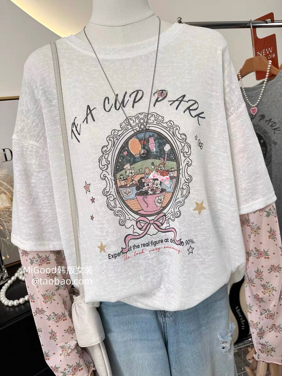 Unique and incredibly stylish faux two-piece sun protection shirt~ Korean style chic floral sleeve patchwork retro mirror cartoon loose t-shirt