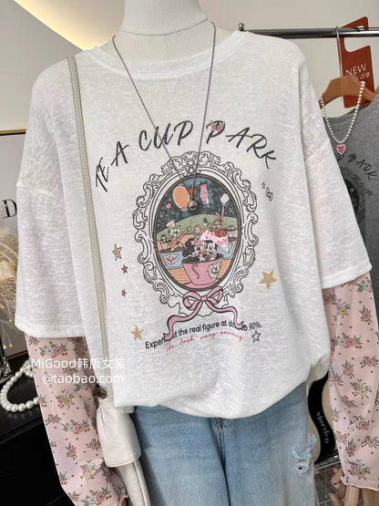 Unique and incredibly stylish faux two-piece sun protection shirt~ Korean style chic floral sleeve patchwork retro mirror cartoon loose t-shirt
