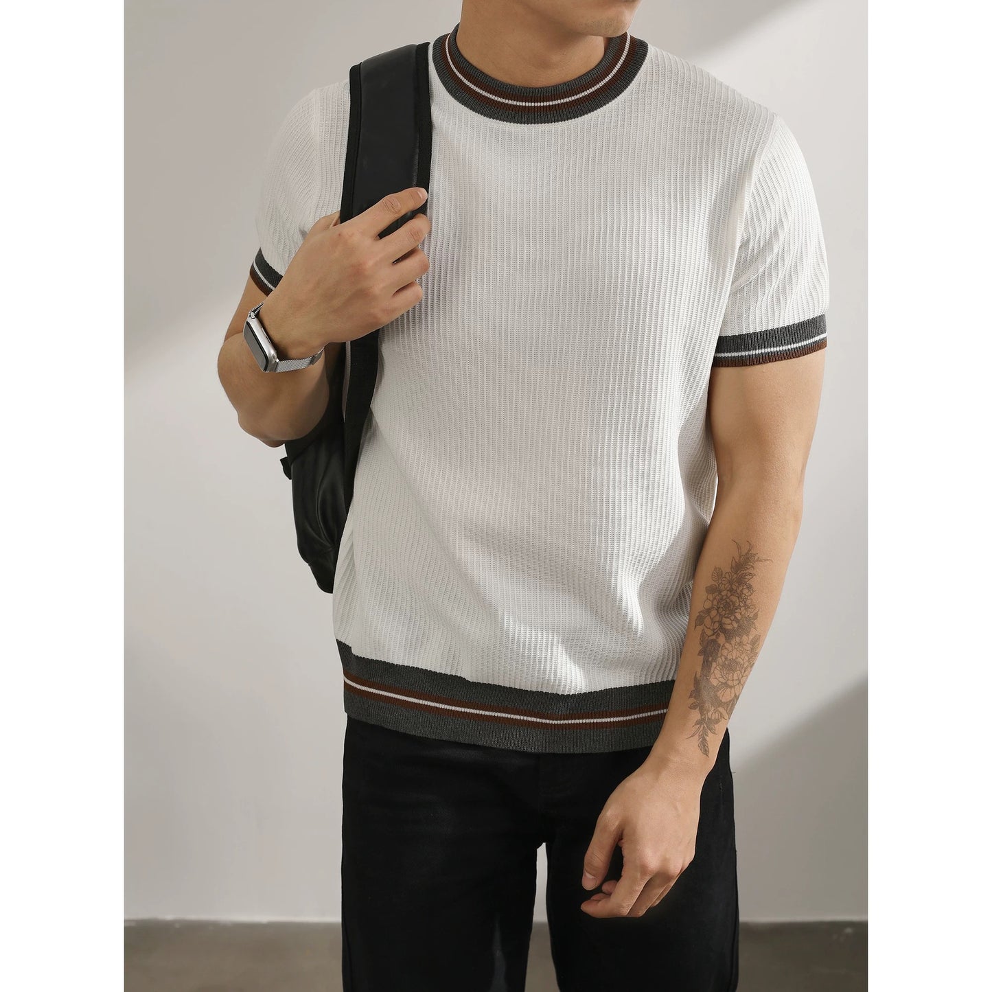 LUUD light mature style temperament Korean version short-sleeved sweater retro contrast color stripe quality cool silk trendy men's T-shirt top