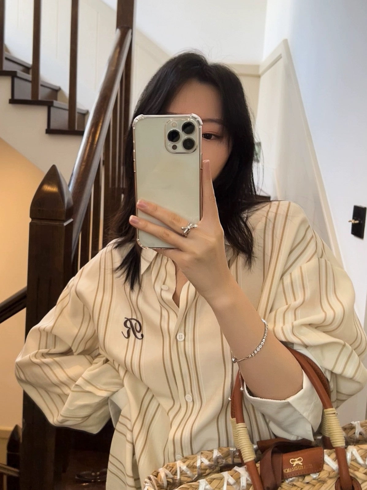 LEETWINS embroidered striped shirt women's summer loose slimming niche design thin sun protection letter top