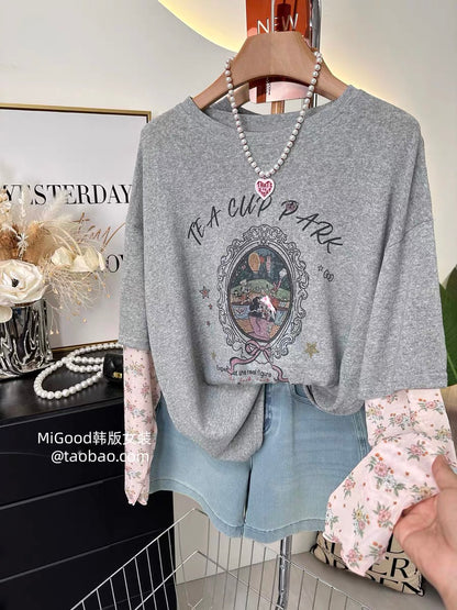 Unique and incredibly stylish faux two-piece sun protection shirt~ Korean style chic floral sleeve patchwork retro mirror cartoon loose t-shirt