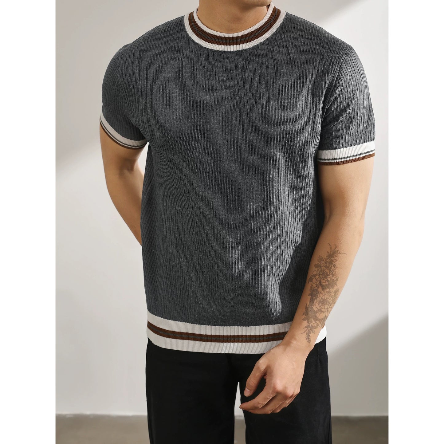LUUD light mature style temperament Korean version short-sleeved sweater retro contrast color stripe quality cool silk trendy men's T-shirt top