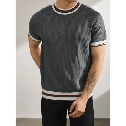 LUUD light mature style temperament Korean version short-sleeved sweater retro contrast color stripe quality cool silk trendy men's T-shirt top