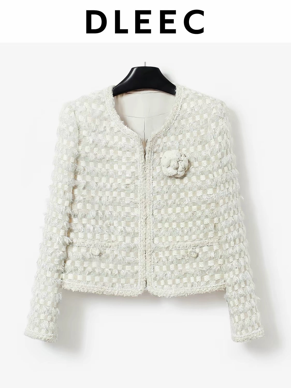 DLEEC – Unique and distinctive! A "-style" jacket in a creamy apricot hue, featuring a textured, iridescent plaid pattern.