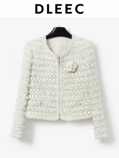 DLEEC – Unique and distinctive! A "-style" jacket in a creamy apricot hue, featuring a textured, iridescent plaid pattern.
