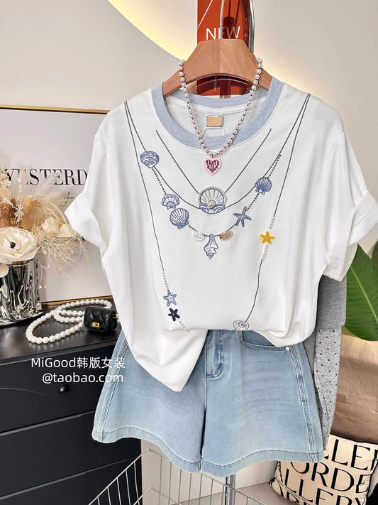 Shell and pearl necklace design ~ Summer 2026 new Korean style heavy embroidery loose color-block round neck t-shirt for women