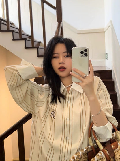 LEETWINS embroidered striped shirt women's summer loose slimming niche design thin sun protection letter top