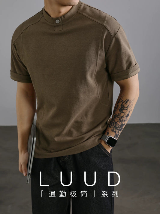 LUUD trendy brand design rivet decoration round neck short-sleeved T-shirt men's summer small neckline casual T-shirt top