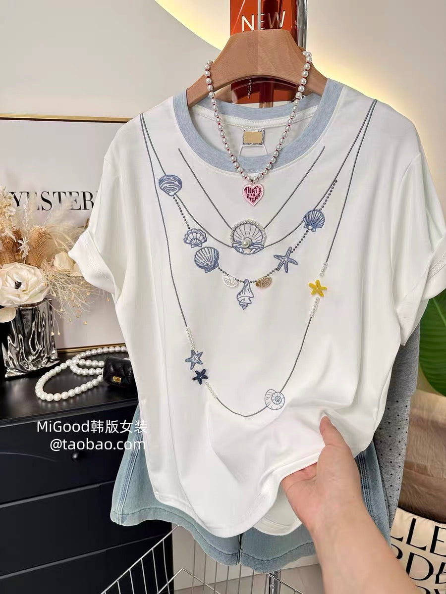 Shell and pearl necklace design ~ Summer 2026 new Korean style heavy embroidery loose color-block round neck t-shirt for women