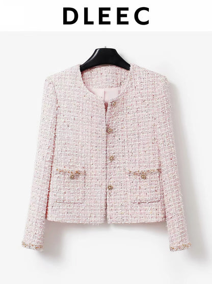 DLEEC "Old Money" Style Pink Tweed Jacket with Mother-of-Pearl Buttons – A Chic, Minimalist Round-Neck Piece