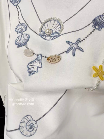 Shell and pearl necklace design ~ Summer 2026 new Korean style heavy embroidery loose color-block round neck t-shirt for women
