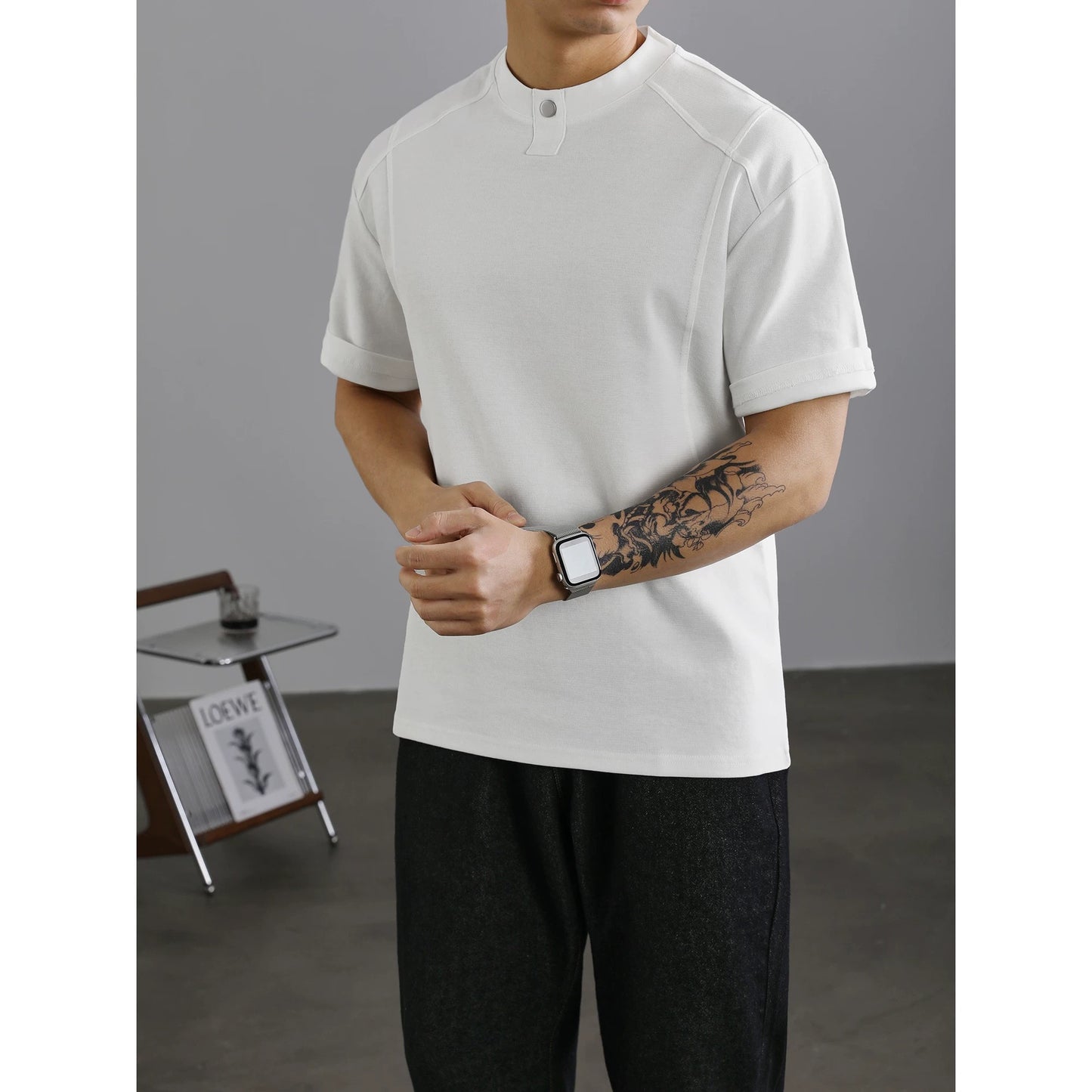 LUUD trendy brand design rivet decoration round neck short-sleeved T-shirt men's summer small neckline casual T-shirt top