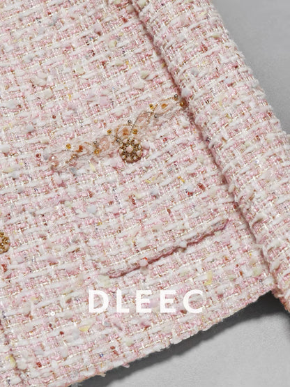 DLEEC "Old Money" Style Pink Tweed Jacket with Mother-of-Pearl Buttons – A Chic, Minimalist Round-Neck Piece