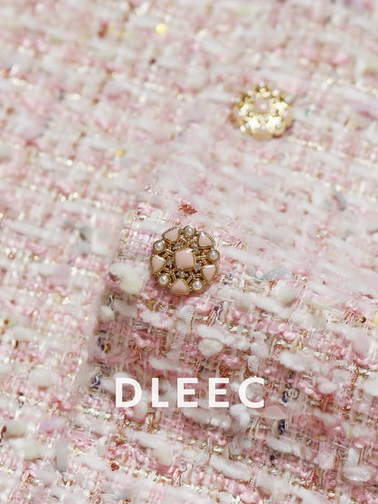 DLEEC "Old Money" Style Pink Tweed Jacket with Mother-of-Pearl Buttons – A Chic, Minimalist Round-Neck Piece