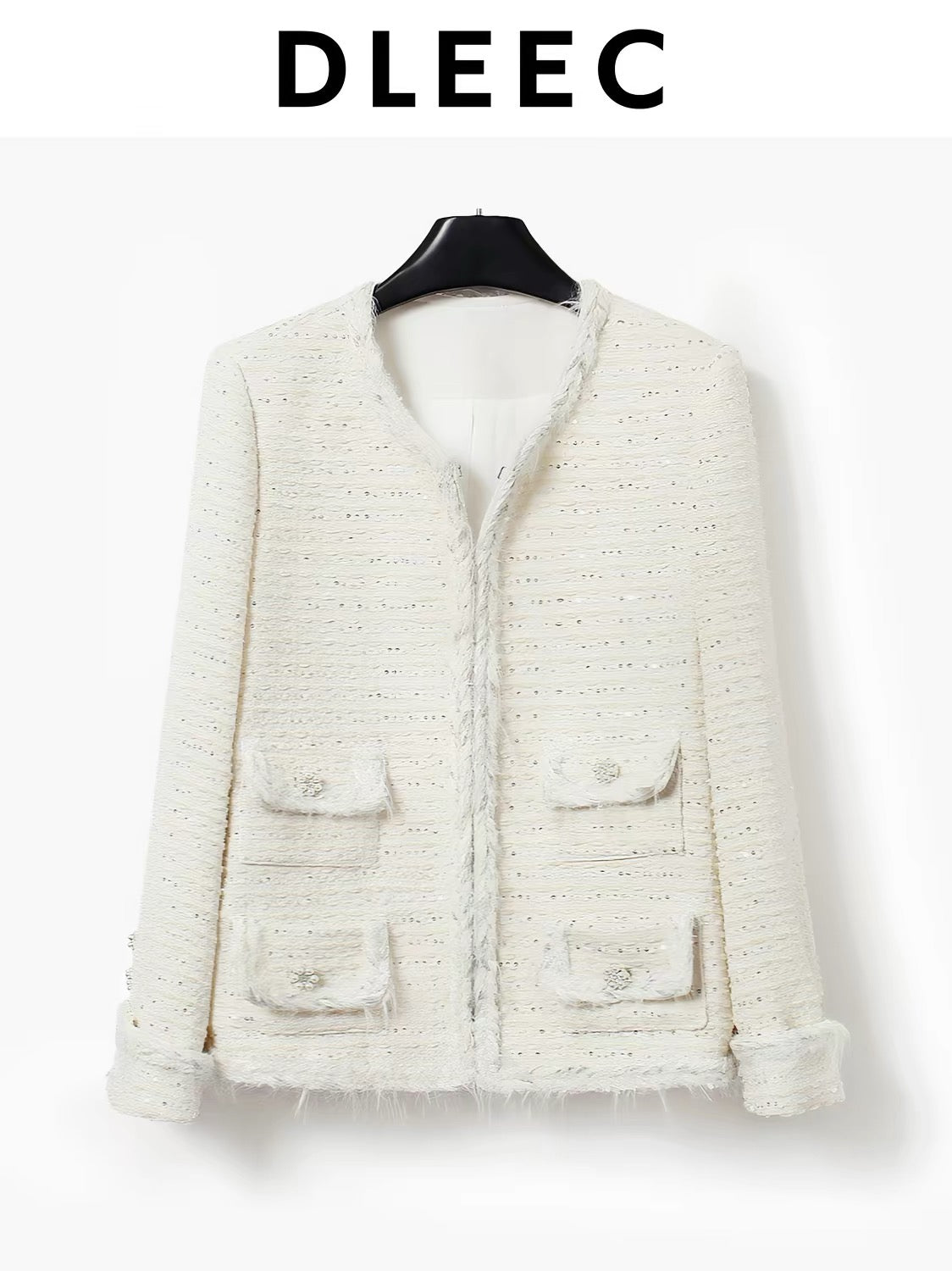 DLEEC High-End Quality! Exquisite sequined tweed jacket featuring a "l-style" aesthetic, distinctive folded cuffs with feathered edges, and a sophisticated silhouette.