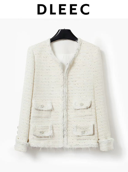 DLEEC High-End Quality! Exquisite sequined tweed jacket featuring a "l-style" aesthetic, distinctive folded cuffs with feathered edges, and a sophisticated silhouette.