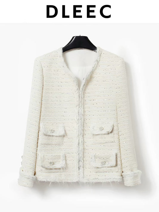 DLEEC High-End Quality! Exquisite sequined tweed jacket featuring a "l-style" aesthetic, distinctive folded cuffs with feathered edges, and a sophisticated silhouette.