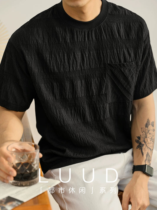 LUUD high-grade texture Tencel thin short-sleeved T-shirt men's summer light luxury temperament splicing slit round neck top