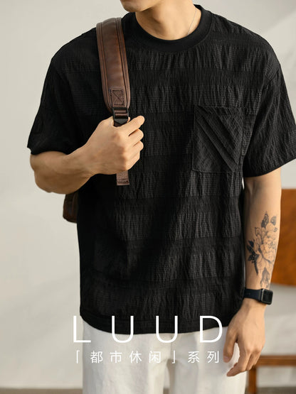 LUUD high-grade texture Tencel thin short-sleeved T-shirt men's summer light luxury temperament splicing slit round neck top