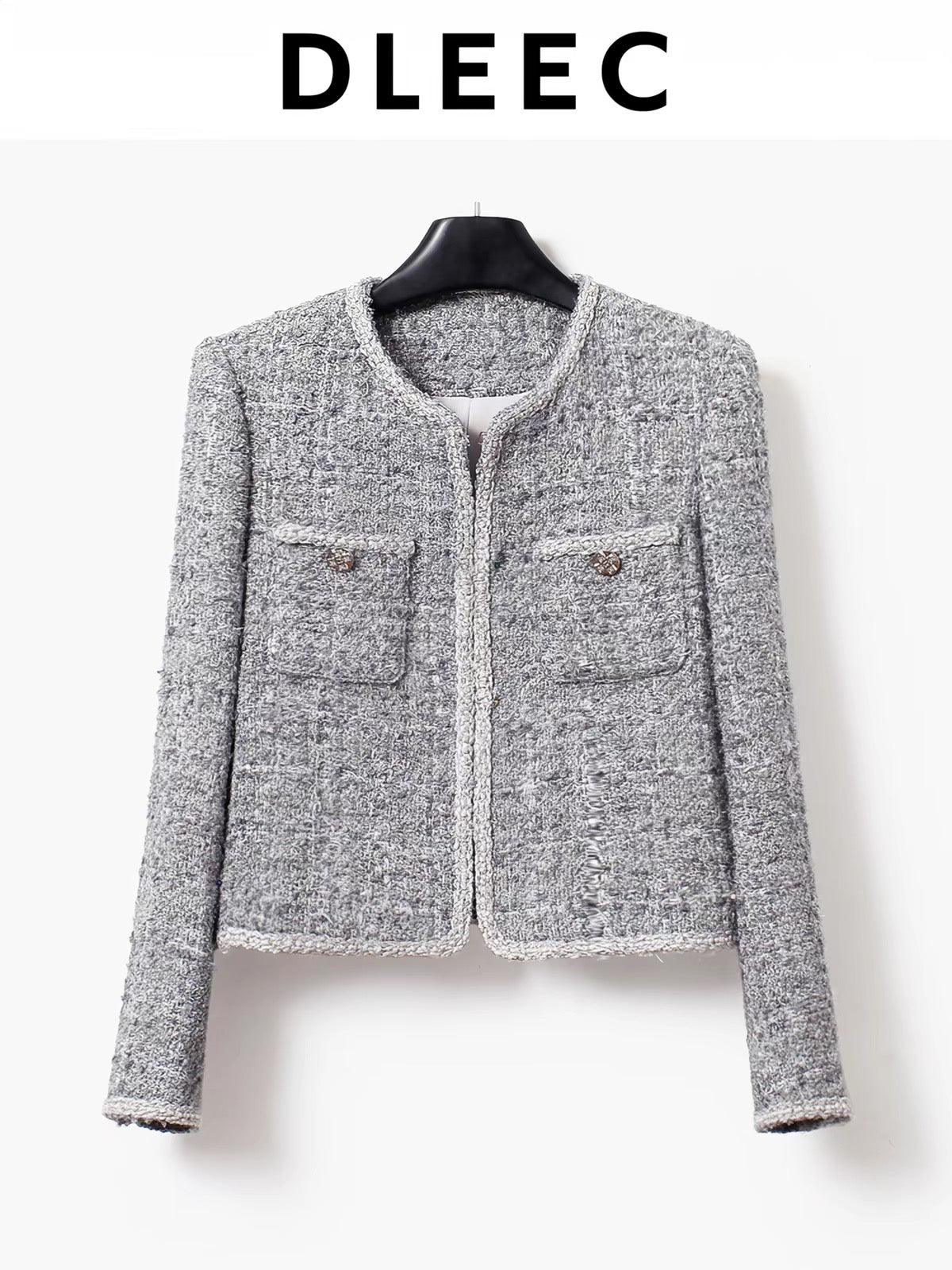 DLEEC Premium Tweed Jacket – Sophisticated "-Style" Round-Neck Top in High-End Grey, Featuring Intricate Rhinestone-Embellished Lace Trim and Luxe Craftsmanship.