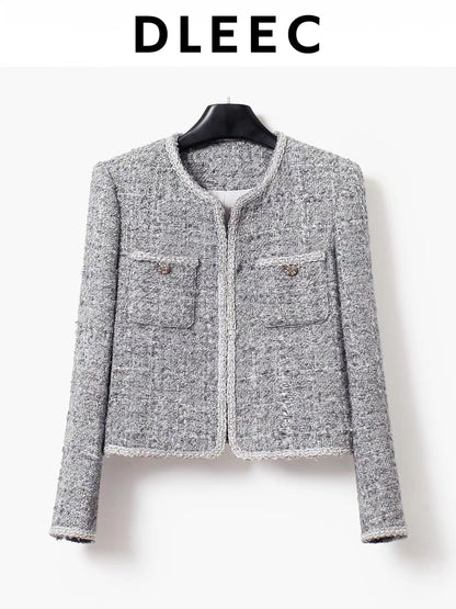 DLEEC Premium Tweed Jacket – Sophisticated "-Style" Round-Neck Top in High-End Grey, Featuring Intricate Rhinestone-Embellished Lace Trim and Luxe Craftsmanship.