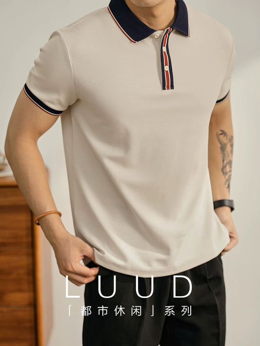 LUUD light luxury temperament contrast color lapel short-sleeved polo shirt men's knitted patchwork top breathable polo shirt